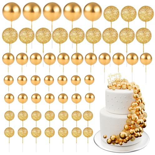 BOUBONI 60Pcs Glitter Cake Balls Decorations Foam Cake Topper Balls Mini Balloon Cupcake Toppers for Cake Decorating Birthday Baby Shower Party (Glitter Gold)