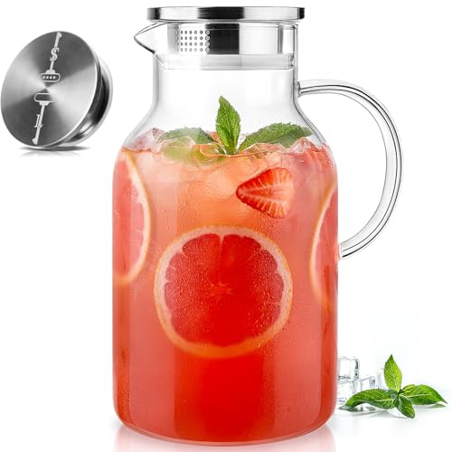 LUNA&MANTHA 1 Gallon Glass Pitcher with Lid and Spout, 128oz Water Pitcher with Handle for Fridge, Large Iced Tea Jug for Juice, Coffee, Sangria, Beverage, Borosilicate Glass Carafe Hot/Cold Drink