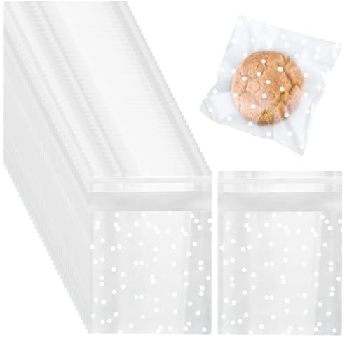 SAIIURV 300 Pcs Cellophane Bags - 10 x 10 cm Clear Self-adhesive Bags with White Dot, Self Seal Cellophane Bag, Frosted Plastic Package for Sweet Cookie Chocolates Biscuit Candy (Transparent)