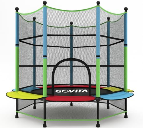 GOVITA - Trampolino Elastico Da Giardino Tappeto Elastico Esterno Sport Con Rete Di Sicurezza E Scaletta - Certificato CE (Multicolor, 160 cm)