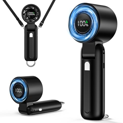 2025 Turbo Handheld Fan-100-Speed Adjustable,USB Rechargeable,5000mAh Battery,7-Blade High-Speed Cooling for Travel,Office,Camping-Compact,Foldable with LED Display&Carabiner Clip Portable fan(Black)
