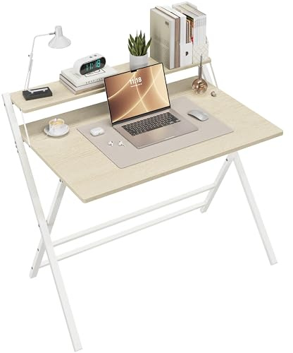Yaheetech Bureau d'Ordinateur, Bureau Pliable 100cm en L, Table d'écriture avec Petit Étagère Surélevée et Pieds en Forme X, pour Chambre Salon d'étude Petits Espaces, Bois Clair, 100×50×74,5 cm