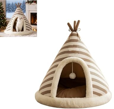 Tente tipi de Noël pour chat – Cachette d'intérieur confortable pour animal domestique avec motif à rayures, coussin lavable et balle de jeu suspendue, base antidérapante, disponible en S/M/L/XL