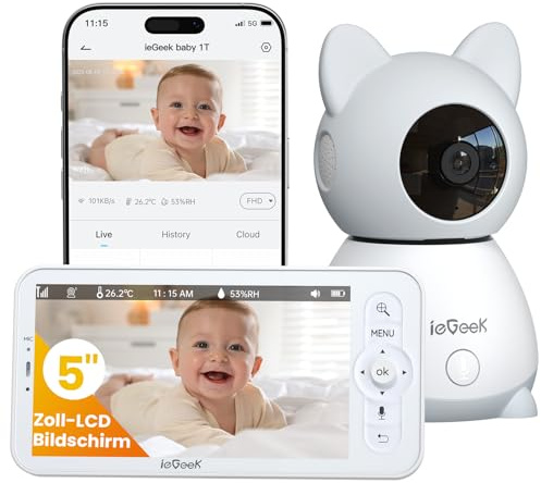 ieGeek 2K Baby Monitor con telecamera e visione notturna, monitor video WiFi da 5 pollici, comunicazione bidirezionale, rilevamento pianto/movimento, PTZ, app per dispositivi mobili