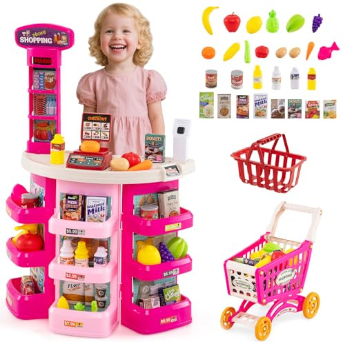 HOMASIS Supermarché avec chariot de courses et 29 accessoires, magasin avec lumière et son, magasin de marchands avec caisse, balance et scanner, kit de jeu de supermarché, stand de vente, magasin