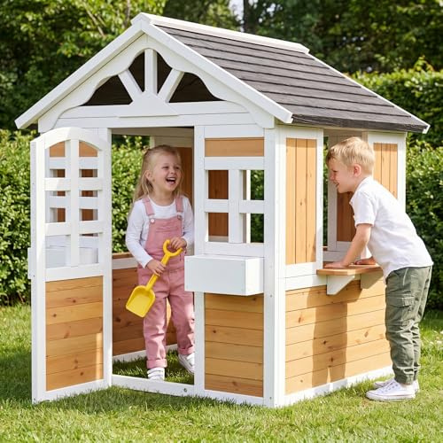 Casa gioco per bambini in legno massiccio, resistente alle intemperie, casetta in legno per bambini con porte e finestre, casetta sull'albero, 113 x 100 x 132 cm, colore naturale e nero