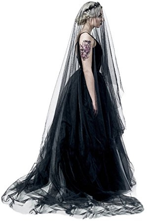 Faxianther Super lunghi 5 guanti a 1 livello nero velo tulle, bordo tagliato, velo da sposa, cattedrale, gotico, costume di Halloween Cosplay fotografia accessorio per capelli copricapo
