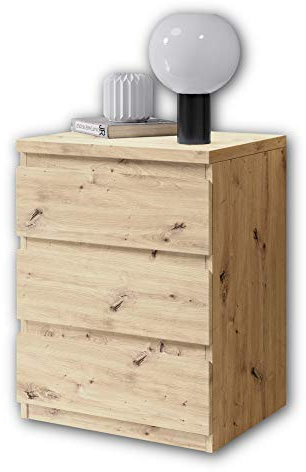 Stella Trading Nachttisch mit drei Schubladen in Artisan Eiche Optik - Moderner Nachtschrank mit Stauraum für Ihr Bett - 45 x 61 x 38 cm (B/H/T)