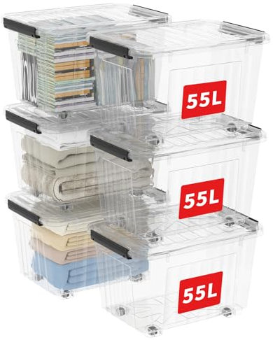 Cetomo 55L*6 Cajas de Almacenamiento con Tapas, Contenedores de Plástico con Ruedas, Clip On, Apilables, Encajables, Organizador Rayado para Oficina en Casa, Transparente, 55L-6 Pack