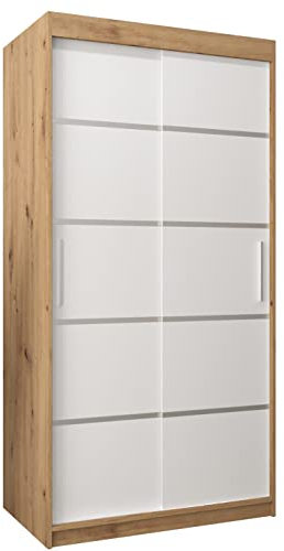 MEBLE KRYSPOL Schwebetürenschrank Verona 1 100 cm Kleiderschrank mit Kleiderstange und Einlegeboden Schlafzimmer- Wohnzimmerschrank Schiebetüren Modern Design (Schubladen: 0, Artisan Eiche + Weiß)