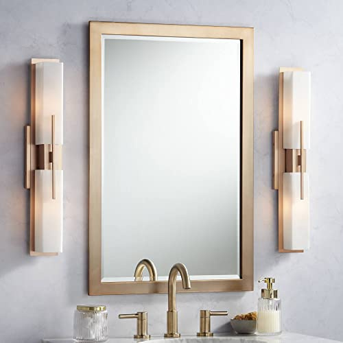 Possini Euro Design Midtown Modern Wall Lights Set of 2 Burnished Brass Gold Metal Hardwired 4 1/2 Fixture White Glass Shade for Bedroom Bathroom Vanity Living Room Home Hallway Dining Kitchen