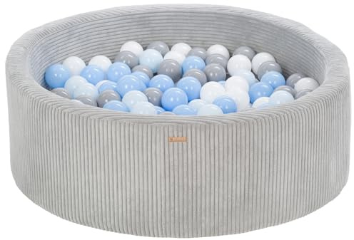 Bällebad Bällepool Bällebecken Spielbecken Kordsamt-Bezug 200 Bälle rund ⌀90 cm (Farbe des Pools/der Bälle: grau/weiß, grau, hellblau, blau (pastell))