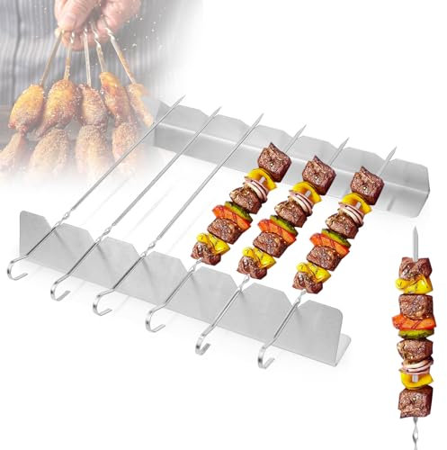 Schaschlikspieße Edelstahl 12STK Grillspieße Edelstahl mit Grillgestell Grill Spieße Spiesse Grill Schaschlikspieße - Spießhalter und Schaschlikgrill für Grillen Fleisch Gemüße