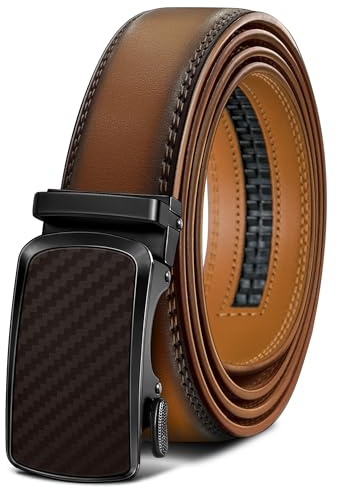 BULLIANT Cinturones Hombre, Cinturón Hombre Cuero Hebilla Trinquete Automática,35MM,Tamaño Ajustable para Pantalones Traje Vestir(Negro/Marrón Claro,120cm/34-40 Cintura ajuste)