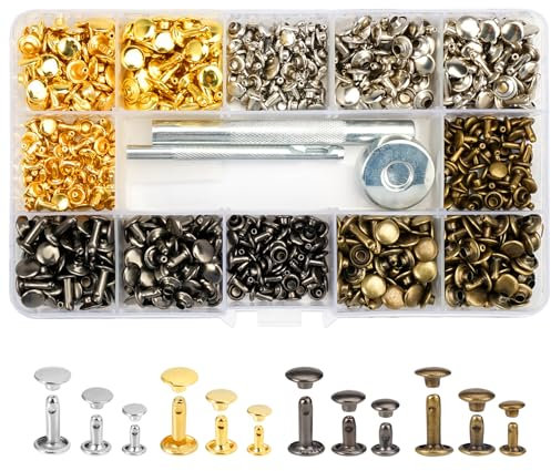 EXIN DEHCEN Nieten für Leder Nieten Set, 360 Stück Lochzange Hohlnieten Set für Leder, Metallniete Doppelkappe mit Nietenzange 3 Werkzeug für DIY Handwerk, Reperatur Dekoration, Gold Silver Bronze