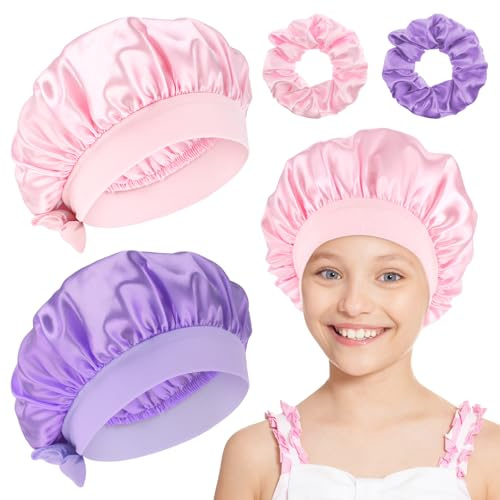 Prasacco Kids Satin Bonnet and Hair Band Set - 2 Pcs Each, Adjustable Sleeping Cap for Teens, Toddlers, Children, Baby - Natural Hair Night Bonnet for Girls and Boys