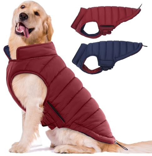 Lelepet Reversible Dog Coat Waterproof Dog Jacket Windproof Puffer Vest for Winter Warm Lightweight Coats for Medium Dogs Adjustbale Hook & Loop Pet Apparel with Leash Hole, French Bulldog, Wine Red L