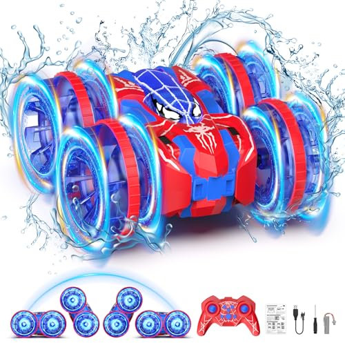 fygurso 4WD Waterproof Remote Control Car，Amphibious 2.4 GHz RC Cars Remote Control Boat，360°Rotation RC Stunt Car with LED Lights，Boys Girls Gifts All Terrain Water Beach Pool Toy