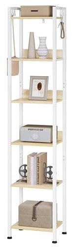 WOLTU Lagerregal mit 6 Ebenen, Küchenregal mit 4 Haken, Bücherregal im Industriestil, Standregal im Wohnzimmer Küche, schmales Leiterregal, Weiß+hell Eiche, 40x30x187cm