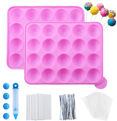 Juego de 105 Moldes de Silicona para Tartas con 20 Cavidades – Molde para Piruletas — con 105 Palitos para Cake Pops, Envoltorios, Twist Ties Plateados y Lápiz Decorativo