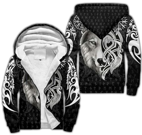 Tatouage Viking Loup Celtique Cachemire Chaud Manteau Zip Complet Poids Lourd Sweat à Capuche Décontracté Poncho à Capuche Parka Harajuku Veste(Viking tattoo hoodie,XL)