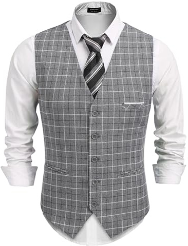 COOFANDY Anzugweste für Herren V-Ausschnitt Formelle Weste Elegant Anzugwesten Hochzeit Business Westen mit Taschen Grau-Plaid S
