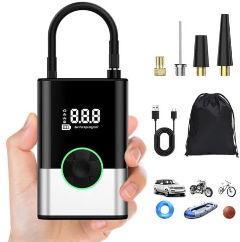 6000Mah Compresor Aire Portatil, 150PSI Inflador Ruedas Coche Mini Bomba de Aire Bicicleta Electrica con Pantalla LCD Digital y Linterna LED，con 4 Boquillas para Coches, Motos, Bicicletas Pelotas