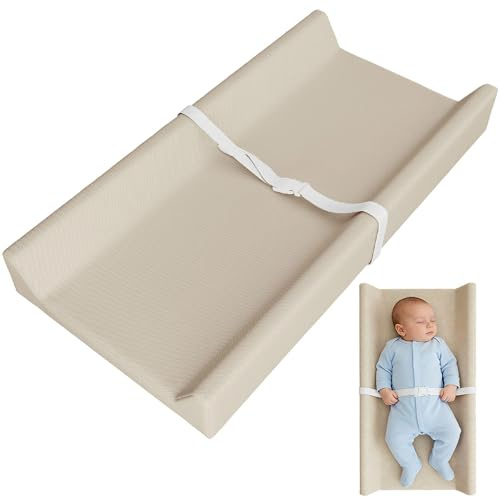Baby Changing Mat, Anti Roll Changing Mat, Wedge Changing Mats, Nappy Changing Mats, with Safety Strap, Curved Sides and Raised Edges for Dresser and Table