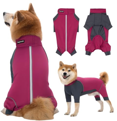Outdoor Dog Body Suit, Water-Repellent & Dirt-Proof Dog Jumpsuit with Elastic Fit & Reflective Trims, Shedding Control, All-Weather Protection for Recovery Dogs Apparel (Berries, Medium)
