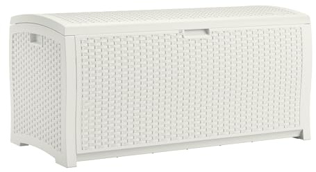 Suncast 99 Gallon Wicker Horizontal Outdoor Deck Box with Hinged Lid, Water-Resistant Storage Solution for Patio, Deck, Yard, and Garage, White, Made in the USA