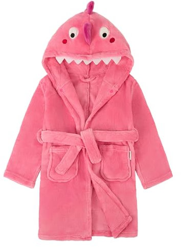 LOLANTA Kinder Fleece Bademantel Dinosaurier Plüsch Kapuzenbademantel, Roserot Dinosaurier, L (6-8 Jahre)