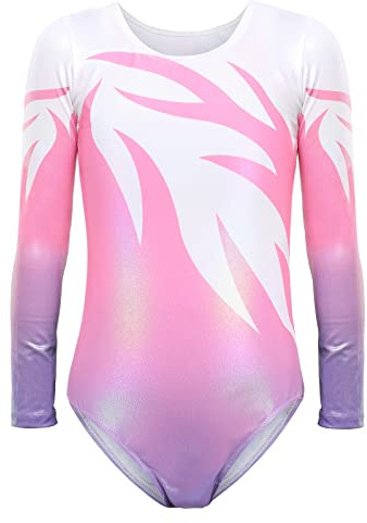 Bezioner Kinder Turnanzug Mädchen Gymnastikanzug Trikot Lange Ärmel Ballett Tanzbekleidung Rosa 120 für 6-8 Jahre,120-130 cm