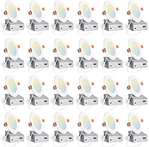 Amico 24 Pack 4 Inch 5CCT Ultra-Thin LED Recessed Ceiling Light with Junction Box, 2700K/3000K/3500K/4000K/5000K Selectable, 10W Eqv 60W, Dimmable Can Light, 800LM High Brightness Downlight - ETL&FCC