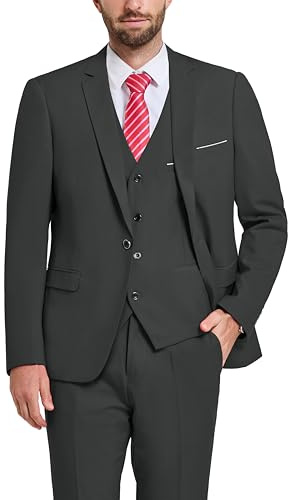 Hihawk Conjunto de traje de 3 piezas para hombre con corbata, un botón, chaqueta ajustada sólida y pantalones, trajes para hombre, boda, fiesta, negocios, Gris profundo, X-Large