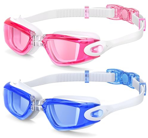 EasYoung Kids Swim Goggles, 2-Pack Swimming Goggles for Child Teens Boys Girls 4-16, Swim Pool Goggles, 08.White/Blue Clear Lens+White/Pink Clear Lens