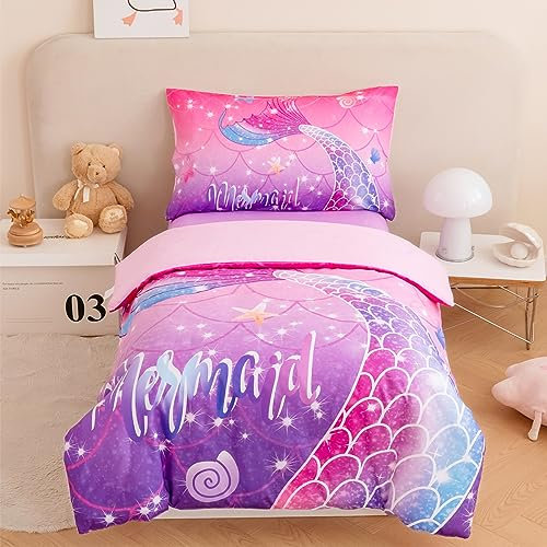 STYHO Pink Purple Mermaid Bedding Sets Double 3 Pieces Colorful Rainbow Duvet Cover Set for Girls Soft Gradient Tie Dye Kids Bedding Duvet Set(Pink Purple Mermaid, Double)