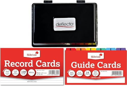 AbbeyShake Record Card Holder Black Box with 1 Pack of 100 Ruled Record Cards 5x3 and 1 Pack of Guide Cards 5x3