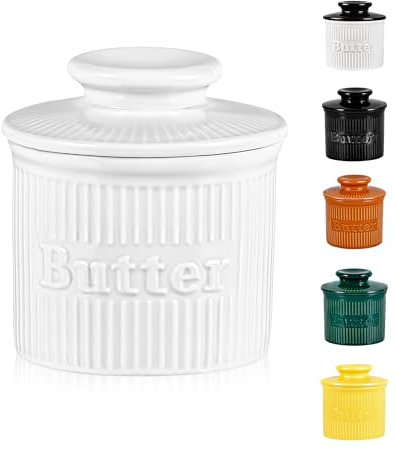 Weiß Butterglocke, französische Butterdose für frische weiche Butter, Porzellan Butterbehälter wassergekühlt, Vintage Buttertopf mit geprägter Wasserlinie,Geschenke für Frauen Männer