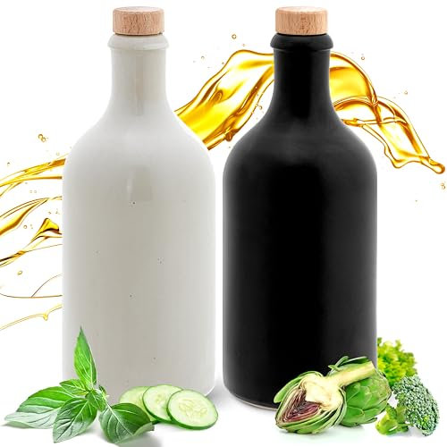 Essig & Öl Steinzeug - Flasche mit Ausgießer, 2er Geschenkeset für Feinschmecker Handgefertigt und Einzigartig im Design Made in Germany Authentisch chic und zeitlos (2x 500ml, schwarz/ weiß)