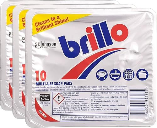 Brilllo Multi-Use Soap Pads 10pcs (Pack of 3) | Heavy-Duty Scrubbing | Pre-Loaded with Soap | Ideal for Tough Grease and Grime | Multi-Surface Cleaning | Rust & Stain Removal for Kitchens & Outdoors