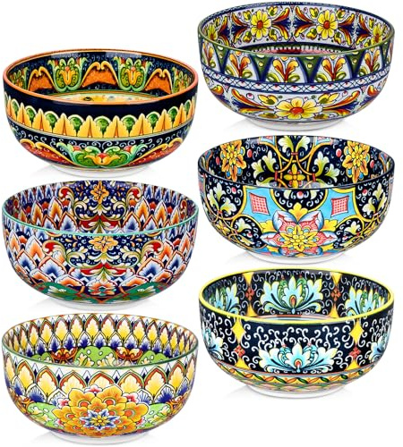 Meolibour Ceramic Cereal Bowls Set of 6, 28 oz Bohemian Soup Bowl, Colorful Bowls Set for Kitchen, Dessert Bowls for Salad, Pasta, Oatmeal, Ramen, Oatmeal, Fruit, Dishwasher & Microwave Safe