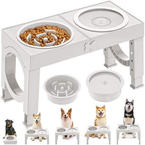 X XBEN 3-in-1 Gamelles Surélevées de 5 Hauteurs Ajustables, Gamelle pour Chien avec 1L Gamelle Anti-Glouton et 1,4L Anti-éclaboussures, Antidérapant, pour Chien de Taille Moyenne et Grande
