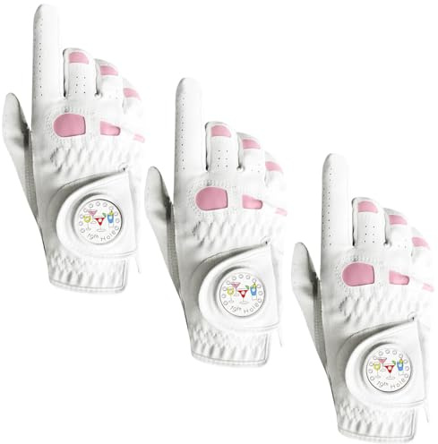 AXKAL Lot de 3 gants de golf pour femme main gauche et droite en cuir avec marqueur de balle (pas par paire), gants durables, doux et bonne prise en main, tailles S, M et L (rose, L, droite)