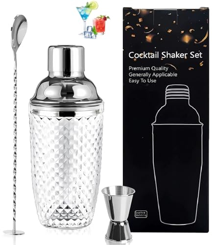 Shaker à Cocktail en Verre, Shaker à Martini en Verre pour Cocktails, Shaker à Cocktail en verre Transparent Argenté de 400ML, avec Doseur en Acier Inoxydable et Pelle, pour la Maison, le Bar
