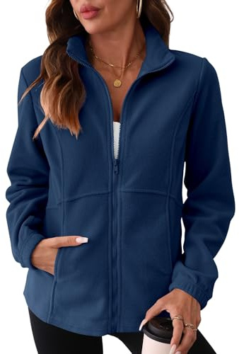 IECCP Womens Fleece Jackets Full Zip for Outdoor Sport Ladies Running Jacket Lightweight Warm Sweater Thin Coat Top (Navy Blue,16-18)