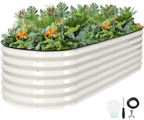 Galvaniserad metall upphöjd trädgårdssängsats – 6 x 2 x 1,4 fot utomhus planteringslåda med säkerhetskant och handskar för grönsaker, frukt, blommor. Vit-1-pack