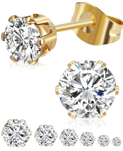 6 Pairs Stud Earrings Set, Hypoallergenic Cubic Zirconia Earrings, Silver 14K Gold Plated 316L Stainless Steel CZ Earring for Women Men 3-8mm (Gold - 6 Pairs)