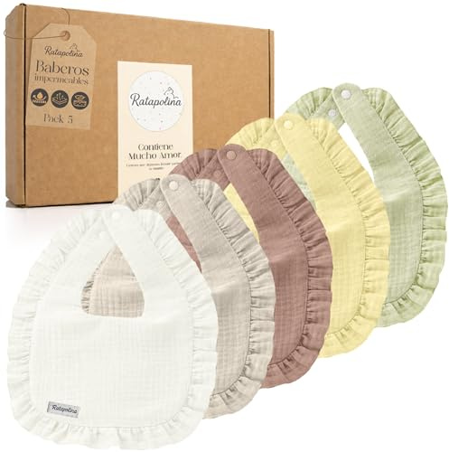 RATAPOLINA Baberos Bebé Impermeables de Muselina, Pack 5, Tonos suaves