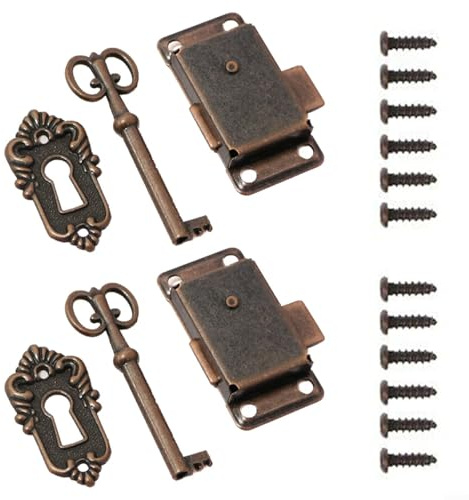 BlesConi 2 juegos de cerradura de cajón Antue con llave, cerradura de puerta de gabinete de metal vintage para caja de madera, muebles de baúl de joyería, acabado de bronce rojo