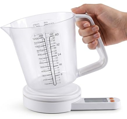 Bascula de Cocina Digital con Jarra Medidora Independiente 1200ml/5kg, Balanza Cocina de Alta Precisión 1g, Pantalla LCD, Función Tara, Medición en g/ml/oz, Jarra BPA Free Desmontable